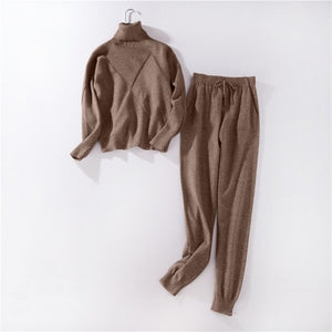 Autumn and Winter Explosions Sportswear High Collar Sweater Knit Pants Suit Casual Women's Two-piece Suit