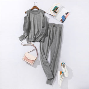 Autumn and Winter Explosions Sportswear High Collar Sweater Knit Pants Suit Casual Women's Two-piece Suit