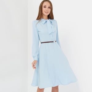 Women Casual Bow Tie a Line Party Dress Ladies Long Sleeve Elegant Office Lady Dress 2019 New Fashion Winter Dress Solid Vintage