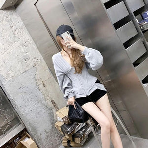 Autumn Zip Hoodie Women Sweatshirt Slim Grey Corset Fashion Workout Gym Sport Jacket Buckle Blouse Pullover