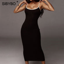 Load image into Gallery viewer, SIBYBO Ribbed Spaghetti Strap Cotton Dress Women Sleeveless O-Neck Autumn Dress Solid Backless Long Party Dress