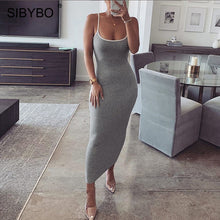 Load image into Gallery viewer, SIBYBO Ribbed Spaghetti Strap Cotton Dress Women Sleeveless O-Neck Autumn Dress Solid Backless Long Party Dress