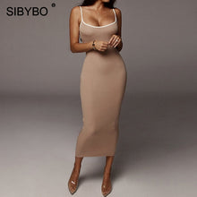 Load image into Gallery viewer, SIBYBO Ribbed Spaghetti Strap Cotton Dress Women Sleeveless O-Neck Autumn Dress Solid Backless Long Party Dress