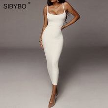 Load image into Gallery viewer, SIBYBO Ribbed Spaghetti Strap Cotton Dress Women Sleeveless O-Neck Autumn Dress Solid Backless Long Party Dress