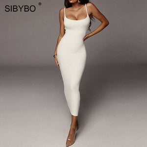 SIBYBO Ribbed Spaghetti Strap Cotton Dress Women Sleeveless O-Neck Autumn Dress Solid Backless Long Party Dress