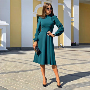 Women Casual Solid Stand Collar Dress Ladies Long Sleeve Vintage Elegant Dress 2019 Winter New Fashion Knee A-line Party Dress