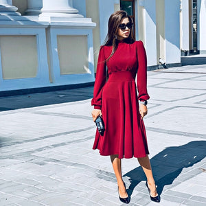 Women Casual Solid Stand Collar Dress Ladies Long Sleeve Vintage Elegant Dress 2019 Winter New Fashion Knee A-line Party Dress