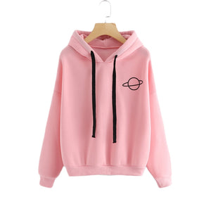 CALOFE 2019 Autumn Women Hoodies Casual Planet Print Solid Loose Drawstring Sweatshirt Fashion Long Sleeve Hooded Female Tops