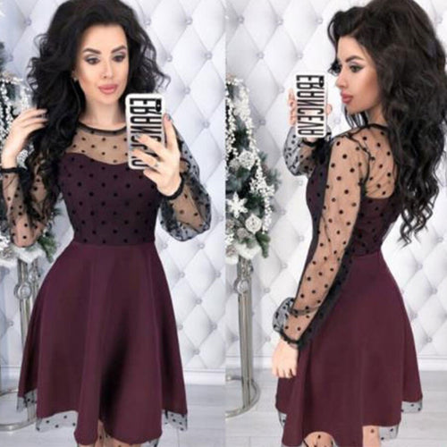 Fashion Patchwork Dot Lace Dress Women Vintage O-Neck Plus Size Party Dresses Female Chic Slim Autumn Long Sleeves A-Line Dress