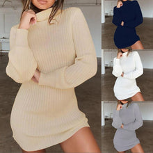 Load image into Gallery viewer, Knitted Dresses Women High Neck Slim Solid Wool Mini Dresses Fashion Ladies Basic Long Sleeve Winter Autumn Warm Dresses