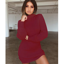 Load image into Gallery viewer, Knitted Dresses Women High Neck Slim Solid Wool Mini Dresses Fashion Ladies Basic Long Sleeve Winter Autumn Warm Dresses