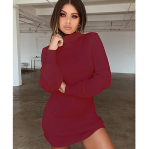 Knitted Dresses Women High Neck Slim Solid Wool Mini Dresses Fashion Ladies Basic Long Sleeve Winter Autumn Warm Dresses