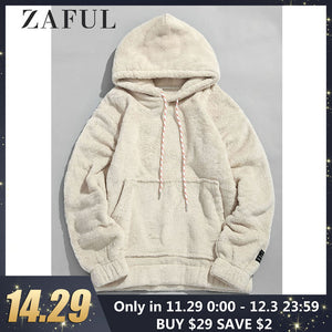 ZAFUL Winter Men Hoodies Solid Pouch Pocket Fluffy Men Pullover Pouch Pocket Streetwear Detail Hoodie Male Hooded Sweatshirt Top