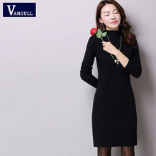 Load image into Gallery viewer, Vangull 2019 Autumn Winter New Women Knitted Cotton Sweater Dress Fashion High Neck Solid Pullover Female Knitted Dress Vestidos