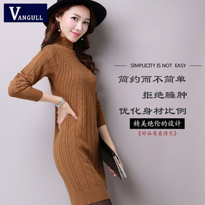 Vangull 2019 Autumn Winter New Women Knitted Cotton Sweater Dress Fashion High Neck Solid Pullover Female Knitted Dress Vestidos