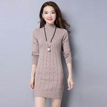 Load image into Gallery viewer, Vangull 2019 Autumn Winter New Women Knitted Cotton Sweater Dress Fashion High Neck Solid Pullover Female Knitted Dress Vestidos