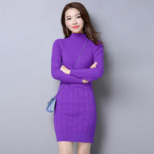 Load image into Gallery viewer, Vangull 2019 Autumn Winter New Women Knitted Cotton Sweater Dress Fashion High Neck Solid Pullover Female Knitted Dress Vestidos