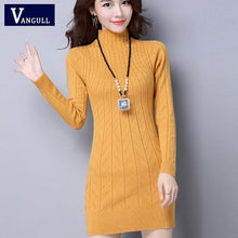 Load image into Gallery viewer, Vangull 2019 Autumn Winter New Women Knitted Cotton Sweater Dress Fashion High Neck Solid Pullover Female Knitted Dress Vestidos