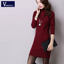 Load image into Gallery viewer, Vangull 2019 Autumn Winter New Women Knitted Cotton Sweater Dress Fashion High Neck Solid Pullover Female Knitted Dress Vestidos