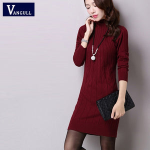 Vangull 2019 Autumn Winter New Women Knitted Cotton Sweater Dress Fashion High Neck Solid Pullover Female Knitted Dress Vestidos