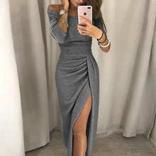 Load image into Gallery viewer, VIEUNSTA Sexy Off Shoulder Party Dress Women High Slit Peplum Bodycon Dress Autumn Three Quarter Sleeve Bright Silk Shiny Dress